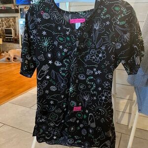 Betsey Johnson Black Scrub Top with Green and White Floral Accents